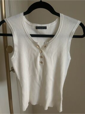 Emerson Lang White Ribbed Henley Tank Top Gold Button Sleeveless